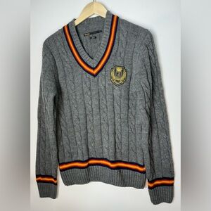 Jules Sweater Size Medium Jules Spain V Neck Gray Pullover Thick Knit Emblem